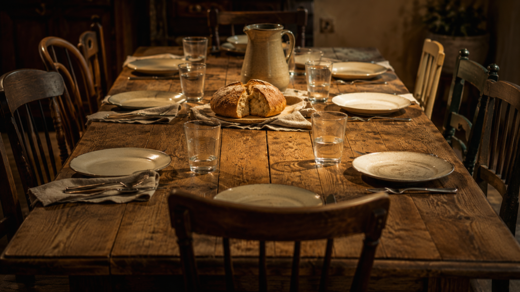 A long wooden table set for a communal meal — not a formal banquet but a real, lived-in gathering. Mismatched chairs of different styles and heights. A loaf of bread torn open in the center. Simple plates, cloth napkins, a pitcher of water. Warm overhead light, slightly golden. One empty chair with space for another person. The table stretches to the edges of the frame. Color palette: warm wood, cream linens, golden light, soft shadow.
