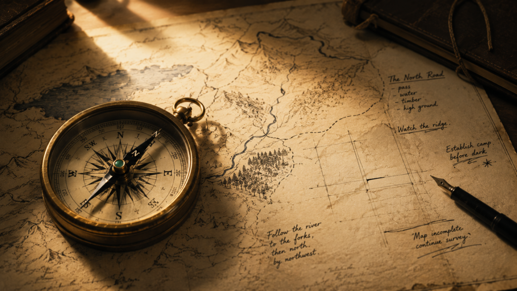 An antique brass compass resting on a hand-drawn map spread across a wooden surface. The map is not modern — it has the quality of something sketched by hand, with personal annotations, route markings, and small notes in the margins. The compass needle points toward an area of the map that is still being drawn. Warm directional light from the upper left. Color palette: aged brass gold, warm parchment cream, ink dark navy, rich wood underneath.