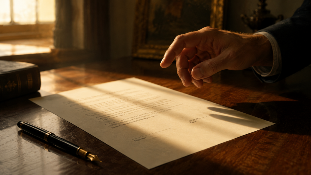 A document lying on a polished wooden desk, a fountain pen resting beside it — uncapped but not touching the paper. A hand hovers above, fingers slightly curled, not reaching. Warm sidelight from a tall window casting the hand's shadow across the unsigned page. Color palette: warm cream paper, dark ink, honey-colored wood, soft golden light. Mood: the weight of a decision not yet made, the tension between expedience and conscience. Fine grain texture. 16:9 aspect ratio, 1200x675px. Style: contemplative realism, Vermeer-like intimacy, natural light.
