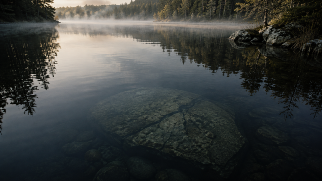 A still, dark lake with something large and shadowy visible just beneath the surface — not threatening, but substantial. The water is calm and reflective, showing trees and sky above. Soft natural light, early morning mist. Color palette: deep blues, muted greens, soft silver light on water. Mood: the invitation to look deeper, quiet revelation. Fine grain. 16:9 aspect ratio, 1200x675px. Style: contemplative realism, Andrew Wyeth stillness.