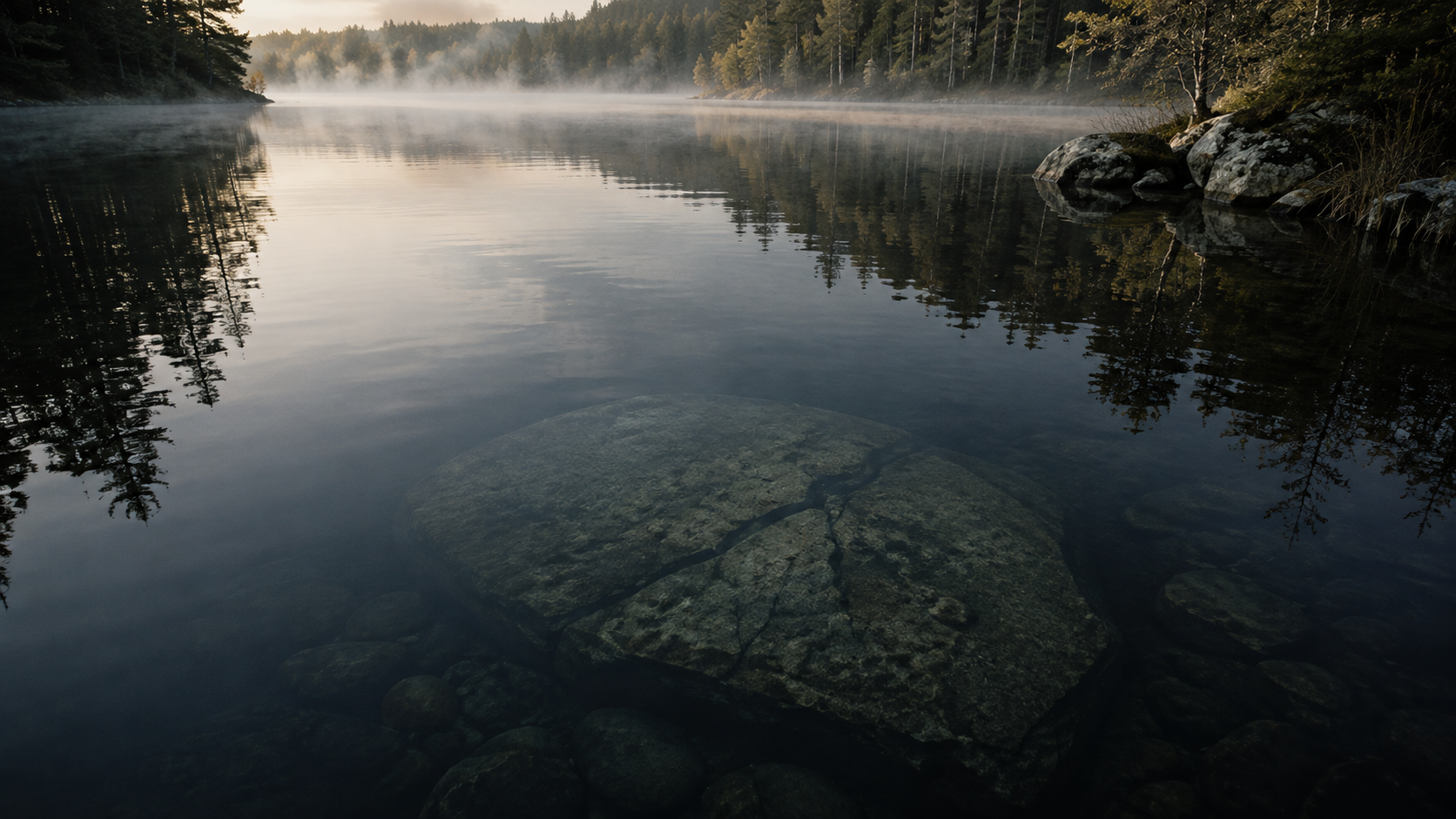 A still, dark lake with something large and shadowy visible just beneath the surface — not threatening, but substantial. The water is calm and reflective, showing trees and sky above. Soft natural light, early morning mist. Color palette: deep blues, muted greens, soft silver light on water. Mood: the invitation to look deeper, quiet revelation. Fine grain. 16:9 aspect ratio, 1200x675px. Style: contemplative realism, Andrew Wyeth stillness.