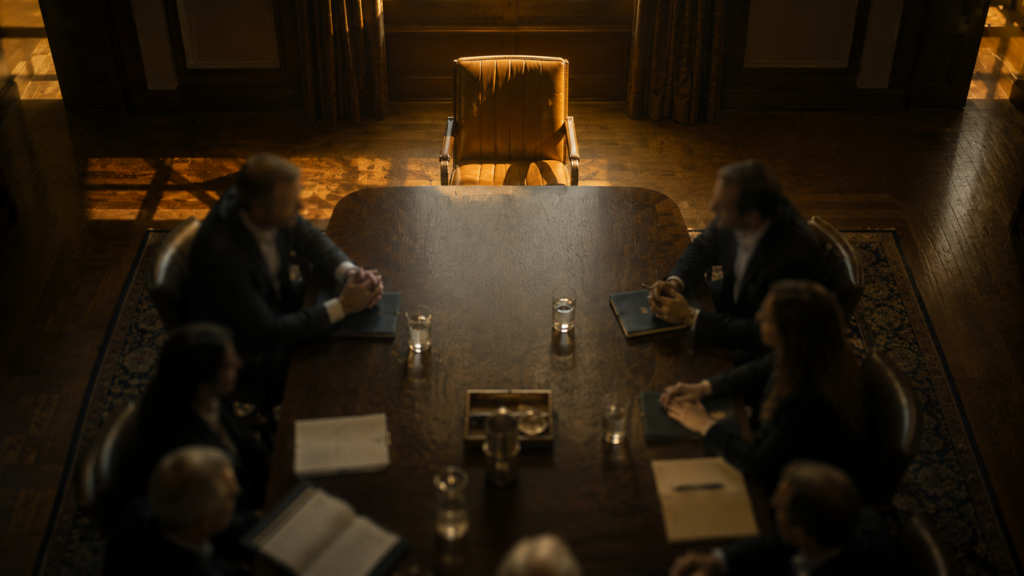 A conference table from above, surrounded by occupied chairs. One chair at the far end is empty, with warm light falling across it. The occupants are blurred; the empty chair is sharp. Color palette: warm wood, navy and cream, golden light on the empty chair. Mood: the presence of an absence. Fine grain. 16:9 aspect ratio, 1200x675px. Style: contemplative realism, Vermeer light.