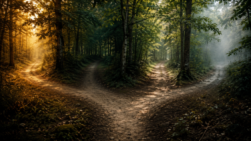 A dirt path in a quiet forest splitting into four distinct directions. Each path disappears into different quality of light: warm gold, cool green shade, dappled sunlight, soft mist. Color palette: earth tones, varied greens, warm golden light. Mood: possibility, the relief of options. Fine grain. 16:9 aspect ratio, 1200x675px. Style: contemplative realism, natural forest light.