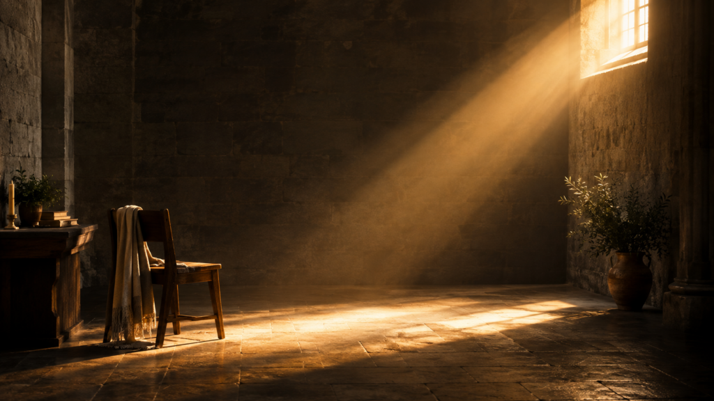 A tall stone room with a single window in the upper-right corner — the only source of light. A warm, golden shaft falls diagonally across the floor. Everything in the room is oriented toward this light. Color palette: warm stone gray, golden light, deep shadow. Mood: aspiration, orientation toward something higher. Fine grain. 16:9 aspect ratio, 1200x675px. Style: contemplative realism, cathedral intimacy, Vermeer light.