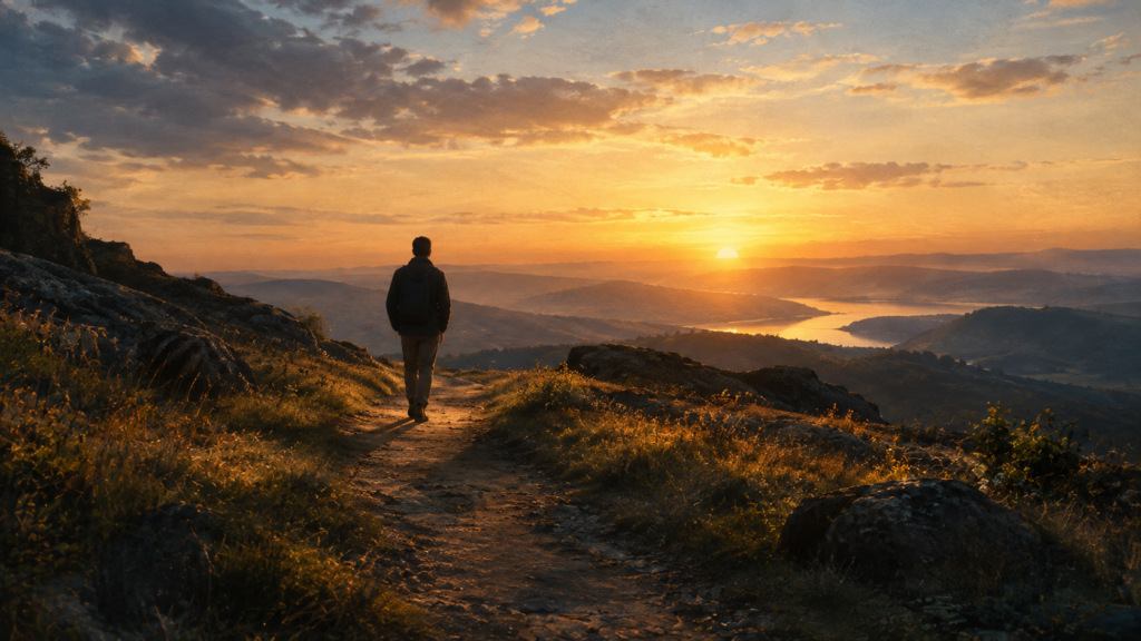 A solitary figure walking along a path at dawn, from behind. Shoulders relaxed, stride unhurried, silhouetted against a warm horizon. No urgency — just peace and direction. Color palette: warm dawn tones, golden horizon, cool blue-gray shadows. Mood: resolution, quiet after a hard choice. Fine grain. 16:9 aspect ratio, 1200x675px. Style: contemplative realism, Wyeth landscape.