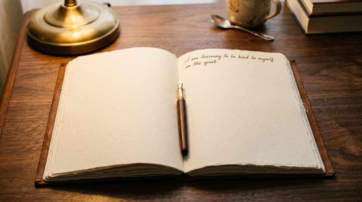 An open journal, the page blank except for a single line of handwriting at the top. A pen rests in the crease. Warm desk lamp light. Color palette: cream paper, dark ink, warm wood, golden light. Mood: honest reflection. Fine grain. 16:9 aspect ratio, 1200x675px. Style: contemplative realism, still-life intimacy.