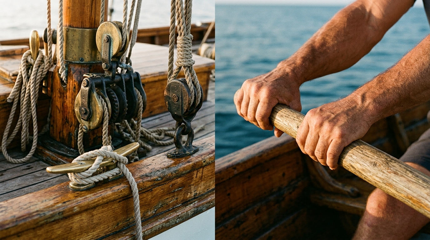 A split composition: on the left, a sailing vessel's mechanical gear — fixed, given. On the right, hands gripping oars — trained, built. Connected by the hull. Warm natural light. Color palette: warm wood, aged brass, rope, ocean-blue hint. Mood: given vs. built. Fine grain. 16:9 aspect ratio, 1200x675px. Style: contemplative realism, nautical craftsmanship.