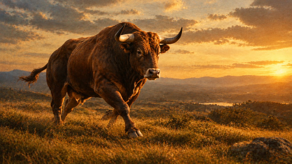 A powerful bull in mid-stride across an open field — purposeful, not raging. Muscles visible, head forward. Warm golden light, late afternoon. Color palette: deep brown, amber, golden grass. Mood: power, direction, unstoppable force. Fine grain. 16:9 aspect ratio, 1200x675px. Style: contemplative realism, Wyeth landscape.